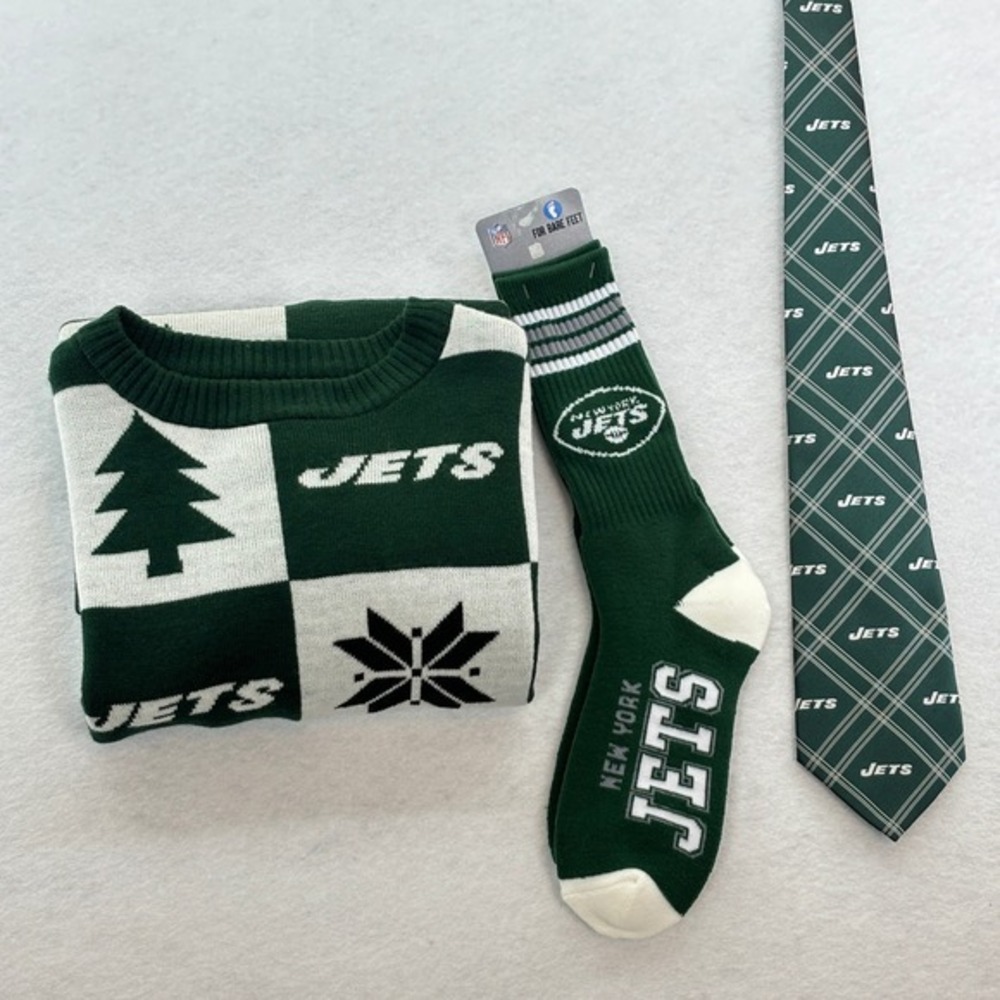 New York Jets Holiday Gift Set - NFL Sweater, Tie & Socks | Christmas Fan Bundle - Picture 2 of 16